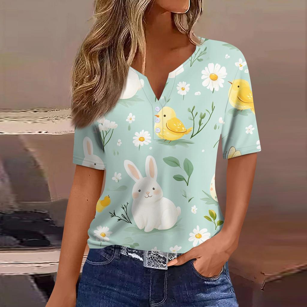 Women's T Shirt Print Button Short Sleeve Daily Weekend Fashion Basic V- Neck Regular Top