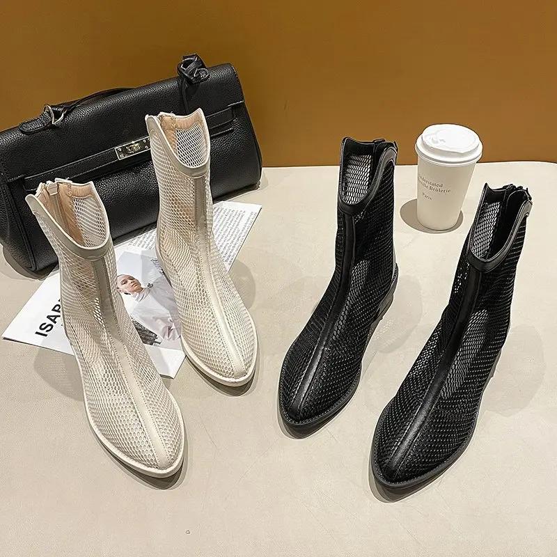 Fashion 2024Summer Shoes Women Boots Breathable Ladies Mesh Shoes Summer Women Footwear Zipper Black White Ankle Botas