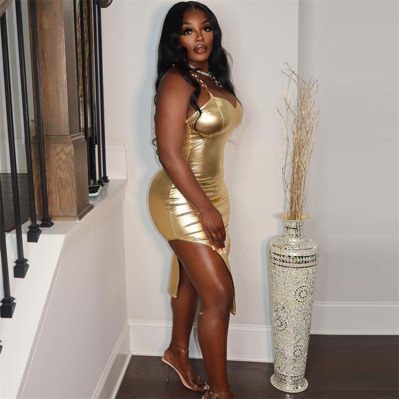 Women's Autumn Hot Gold-hot Strap Sexy Waist Packing Irregular Suspender Dress for Women