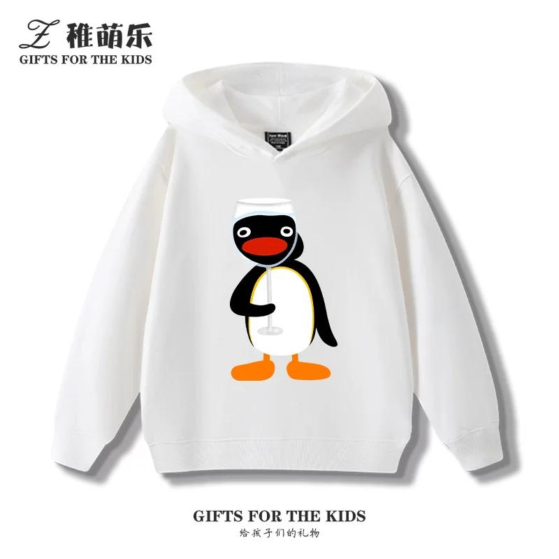 Kids' Fleece-Lined Hooded Sweatshirt with Fun Cartoon Penguin Print – Warm Pullover for Boys and Girls (Autumn/Winter)