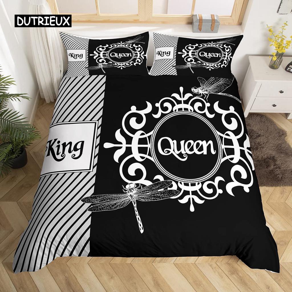 Black and White Duvet Cover Set King and Queen Bedding Set for Couple Romantic Valentine's Day Presents Polyester Duvet Cover