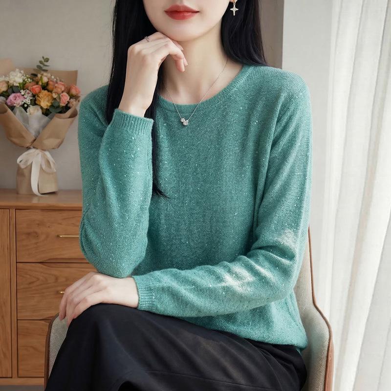New Spring Pink Knit Round Neck Sweater for Women - Loose, Stylish Long Sleeve Base Top