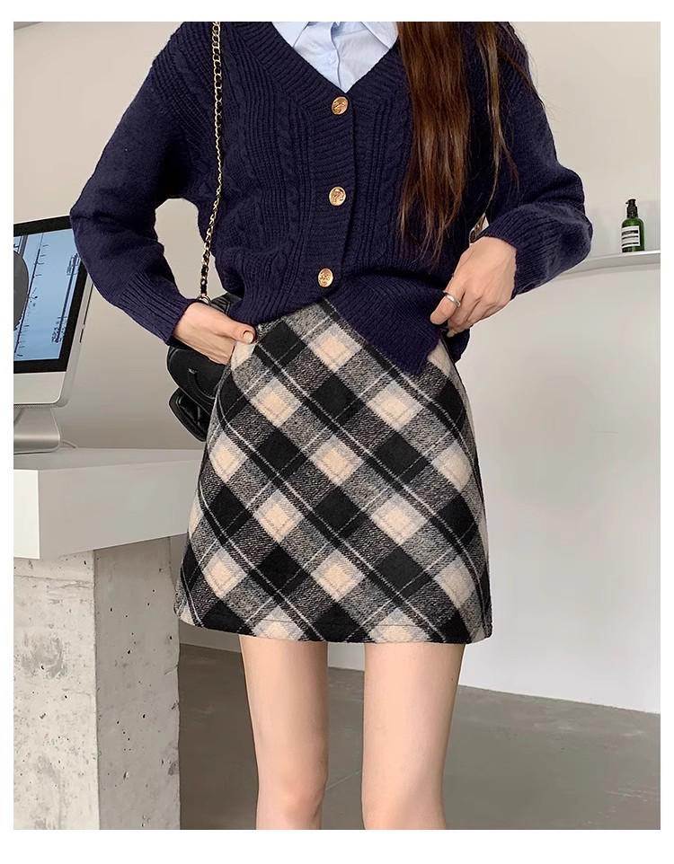 Женская мини-юбка в клетку из смесовой шерсти с завышенной талией в стиле ретро 2025 - Маленькая облегающая А-силуэта для осени/зимы