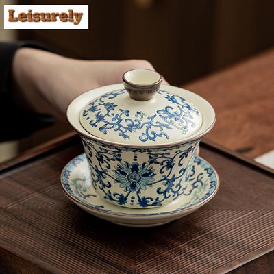 150 мл ретро-фарфоровая гайвань Ru Kiln сине-белого цвета с тремя талантами для чая, супница с крышкой для приготовления чая, чаша для чайных сервизов