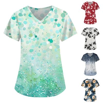 Женская мода с v-образным вырезом, короткими рукавами и карманами, топы с принтом