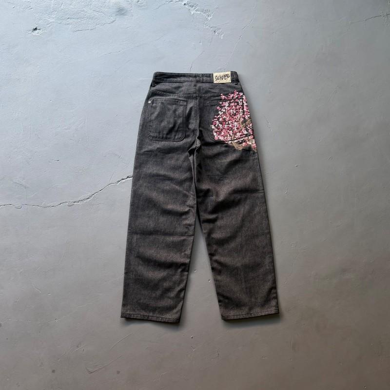 Mens Straight Leg Jeans Heavy Duty Embroidered Statue Denim Pants Street Style Youth Fashion