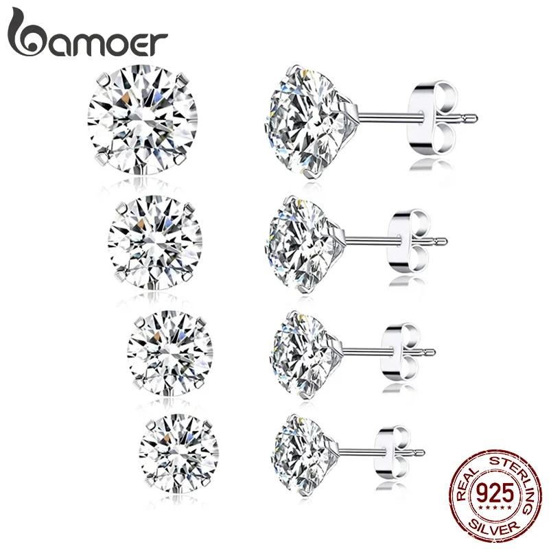 BAMOER CZ Stud Earrings 925 Sterling Silver Platinum Plated Round Cubic Zirconia Hypoallergenic Earrings 4mm 5mm 6mm 7mm