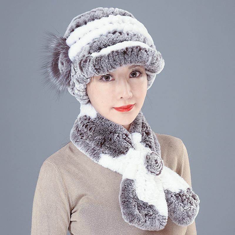 Шапка-шарф из меха кролика Рекс, два комплекта для пожилых женщин, женщин, осени, зимы, матери, бабушки