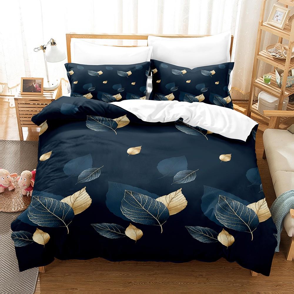 3PCS Duvet Cover Set Dark Blue Leaf Visual Art 3D Printed Duvet Cover With Pillowcases Single Twin Queen Size Bedding Set