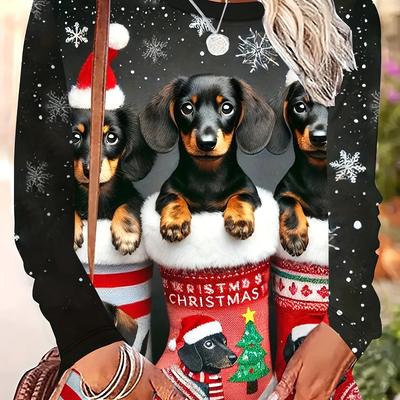 Новый европейский и американский рождественский модный топ с принтом и круглым вырезом Женская трендовая футболка