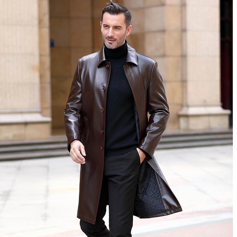 Мужская кожаная ветровка средней длины, кожаные пальто для среднего и пожилого возраста, деловые повседневные мужские кожаные пальто с лацканами