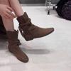 Women   Leather Boots Handmade High Quality Flats Army Green Short Boots with Strap Bow-tie Shoes Autumn Winter