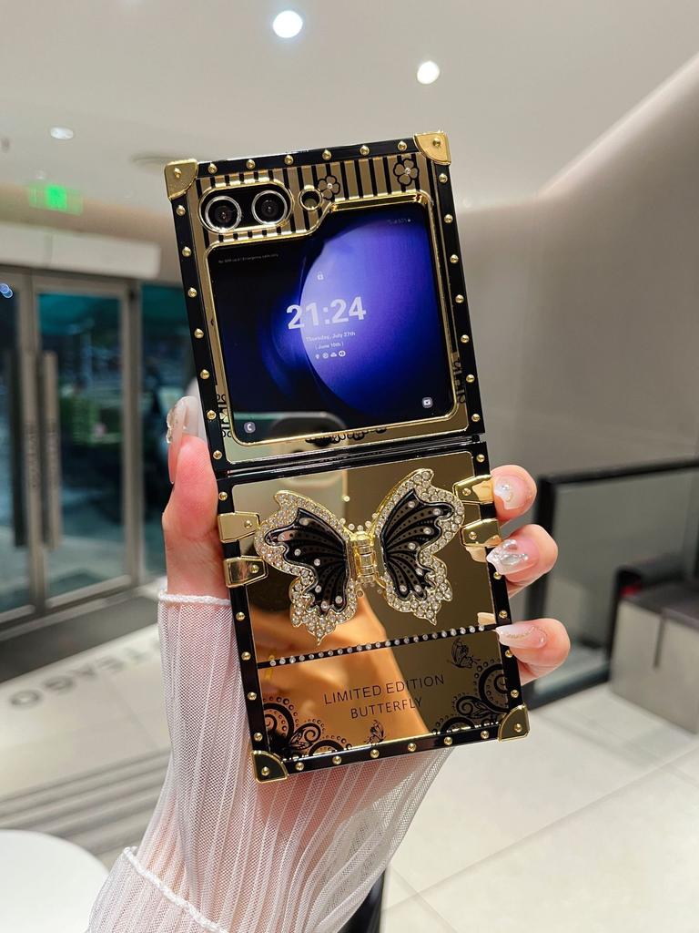 Samsung Z Flip6 Folding Screen Mobile Phone Case Suitable for ZFlip3 4 5 Mirror Butterfly Diamond Inlay Bracket Protection Case