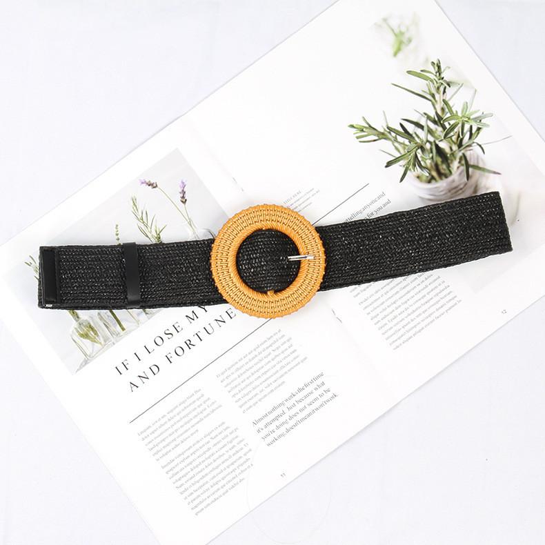 Womens Woven Cotton Linen Waist Belt With Large Round Buckle For Summer Beach Outfits