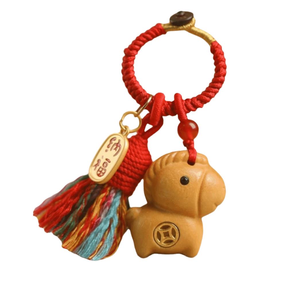 Handmade Rope Sandalwood Keychain Sandalwood Material Fortune Horse Keychain  Festival Decoration