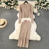 Autumn Winter Women Elegant Gold Button Knitted Sweater 3 Piece Set Single Breasted Jacket Coat Vest Long Midi Sheath Skirt Outfits