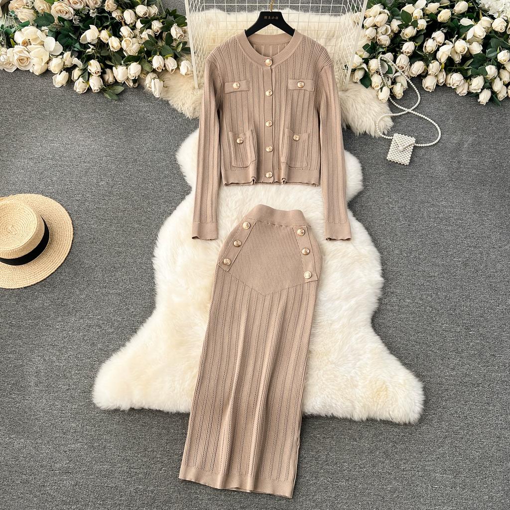 Autumn Winter Women Elegant Gold Button Knitted Sweater 3 Piece Set Single Breasted Jacket Coat Vest Long Midi Sheath Skirt Outfits
