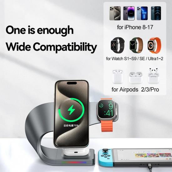 Wireless Charger Stand Metal Shell Magnetic 15W Fast Charging Station Stand for iPhone 12-17 Mobile Phones  Airpods Watch 4 in 1