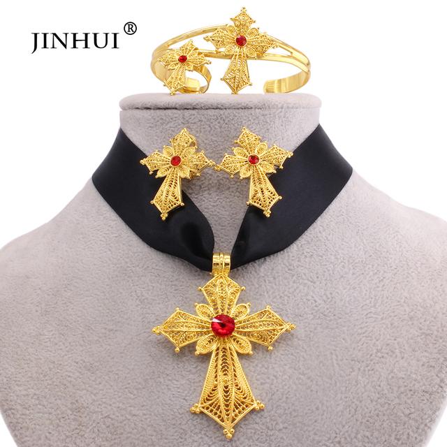 Эфиопский позолоченный крест, ювелирные наборы, кулон, ожерелье, серьги, кольцо, Дубай, подарки для женщин, свадебный комплект из Эритреи