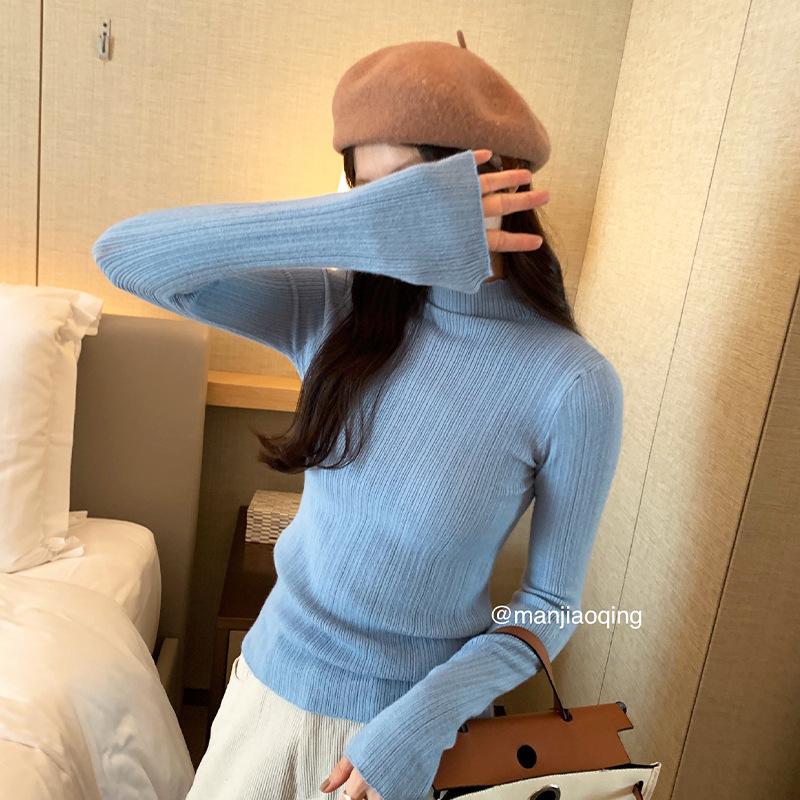 Высококачественная белая трикотажная нижняя рубашка для женщин на осень и зиму, полуводолазка в корейском стиле, внутренний топ, простой мягкий вощеный свитер