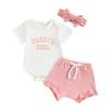 Baby Girls Shorts Set, Short Sleeve Letters Print Romper Elastic Waist Shorts with Hairband Summer Outfit