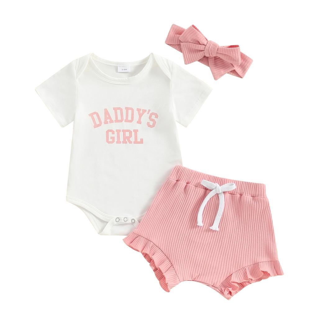 Baby Girls Shorts Set, Short Sleeve Letters Print Romper Elastic Waist Shorts with Hairband Summer Outfit