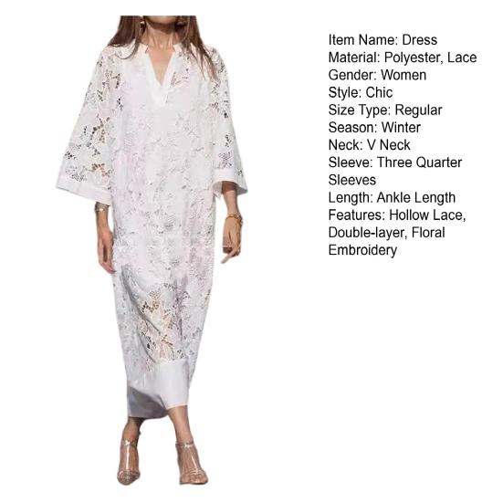 Fall Women Dress Hollow Lace Crochet Patchwork Double-layer V Neck Loose Three Quarter Sleeves Floral Embroidery Ankle Length Commuting Dating