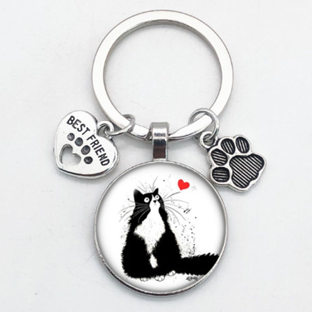 Love Cat Pet Footprints Car Key Chain Cartoon Key Holder Fashion Glass Cabochon Key Ring Men Women