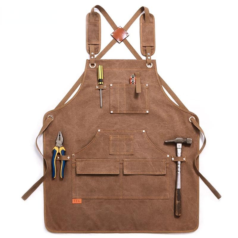 1 Pc Unisex Canvas Work Apron with Tool Pockets Cross-Back Straps Adjustable for Woodworking Painting