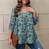Women's Plus Size Fashion Printed Casual Pleated Round Neck Long Sleeve Top