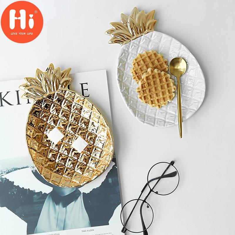 Hi Gold Plated Pineapple Ceramic Storage Plate Snack Plates Dessert Jewelry Dish Make Up Tray