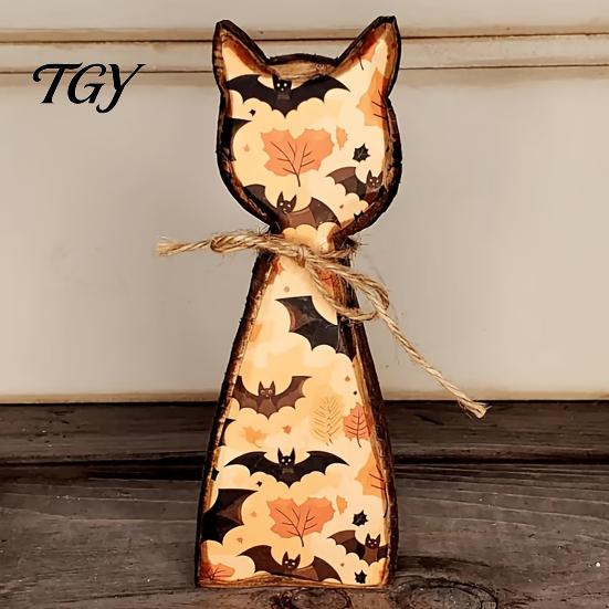 Retro Farmhouse Shelf Display Rustic Wooden Cat Ornament, Vintage Halloween/Flower Wood Tabletop Signs, Witch Hat Decor Distressed Animal Figurines