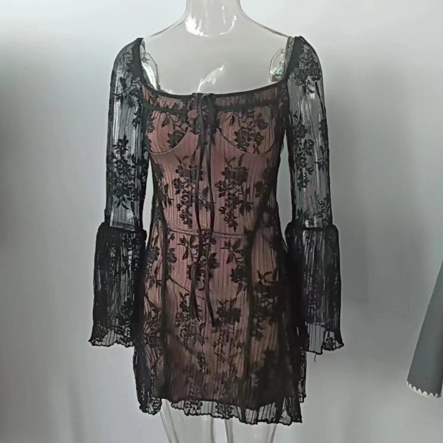 Платье без бретелек с расклешенными рукавами и кружевом, сексуальное, пикантное, для девушек, французское, повседневное, с рюкзачком, короткие, коктейльные и вечерние платья