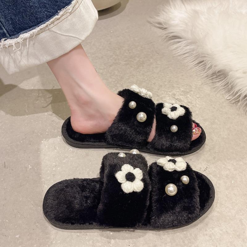 Мода 2024 Зима Новые женские домашние однотонные цветочные жемчужные пушистые хлопковые тапочки