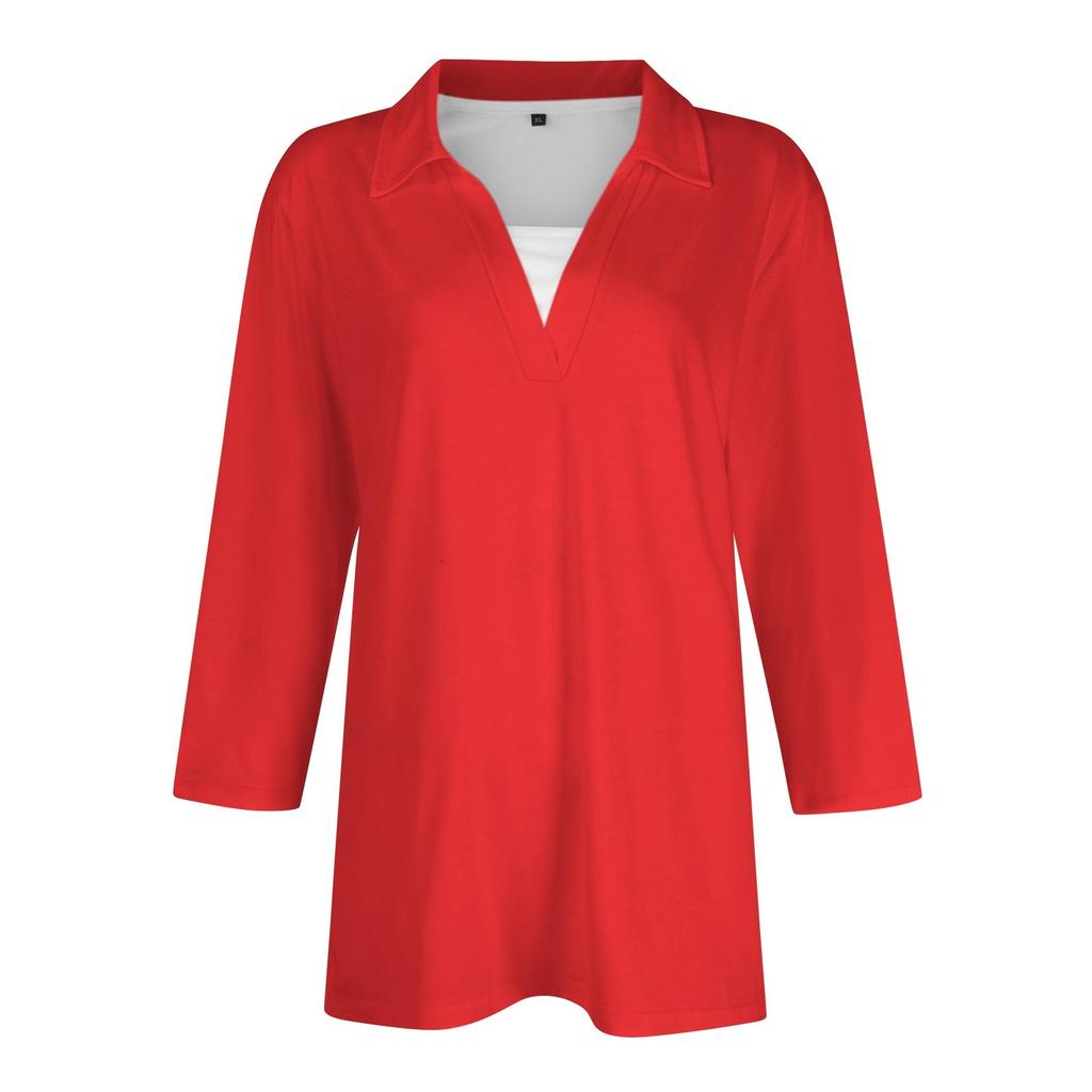 Женская модная повседневная свободная однотонная футболка с рукавом 3/4 с лацканами, женский топ