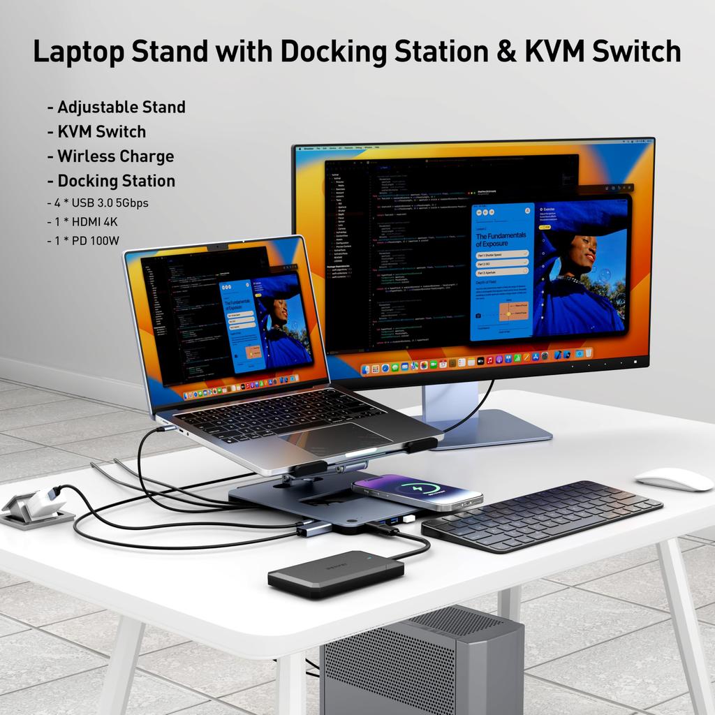 BENFEI 6-в-1 Складная подставка для ноутбука с док-станцией USB-C и магнитной беспроводной зарядкой (15W), Зарядка PD100W, HDMI 4K@60Hz, 4 x USB3.0, Функция переключения KVM