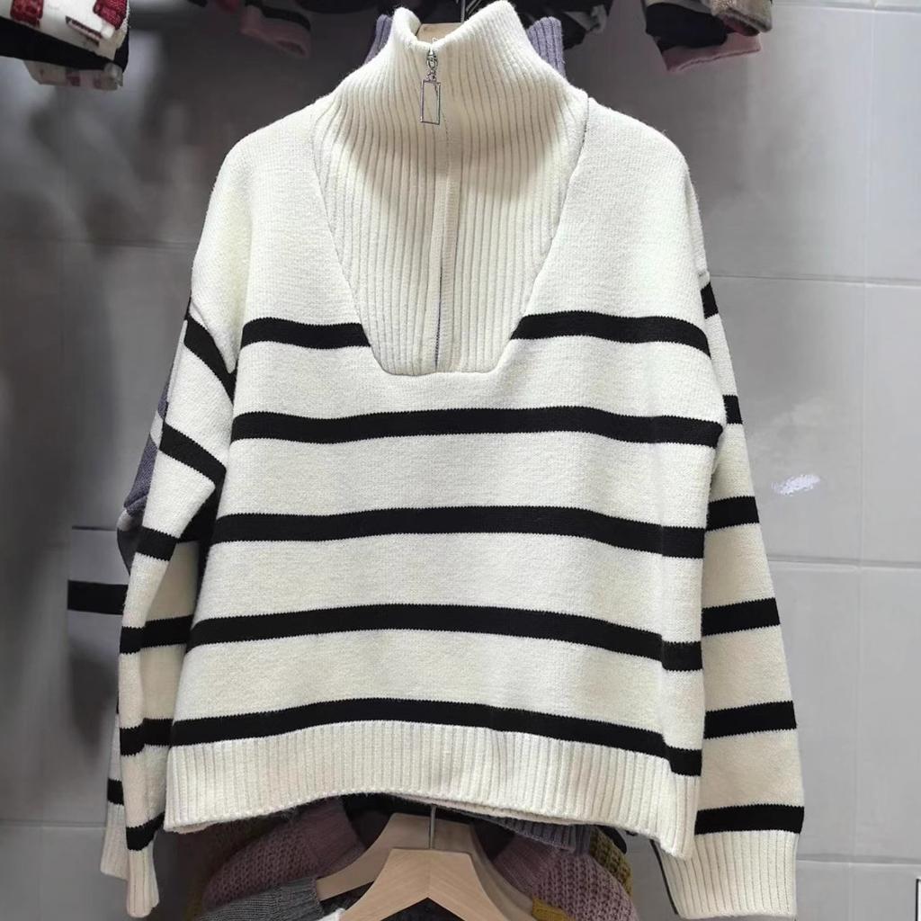Вязаный полосатый свитер женский осенне-зимний осенний ленивый ветер отложной воротник молния вязаная куртка женский пуловер с длинным рукавом топ