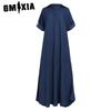 GMXIA Летнее джинсовое платье для женщин, повседневные весенние синие макси-платья с V-образным вырезом и рукавом до локтя, большие размеры, длинные платья с разрезом