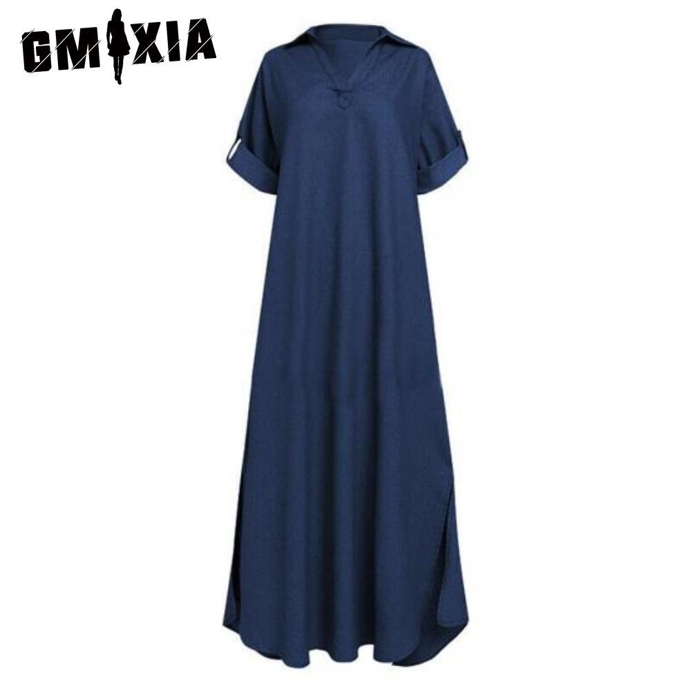 GMXIA Летнее джинсовое платье для женщин, повседневные весенние синие макси-платья с V-образным вырезом и рукавом до локтя, большие размеры, длинные платья с разрезом