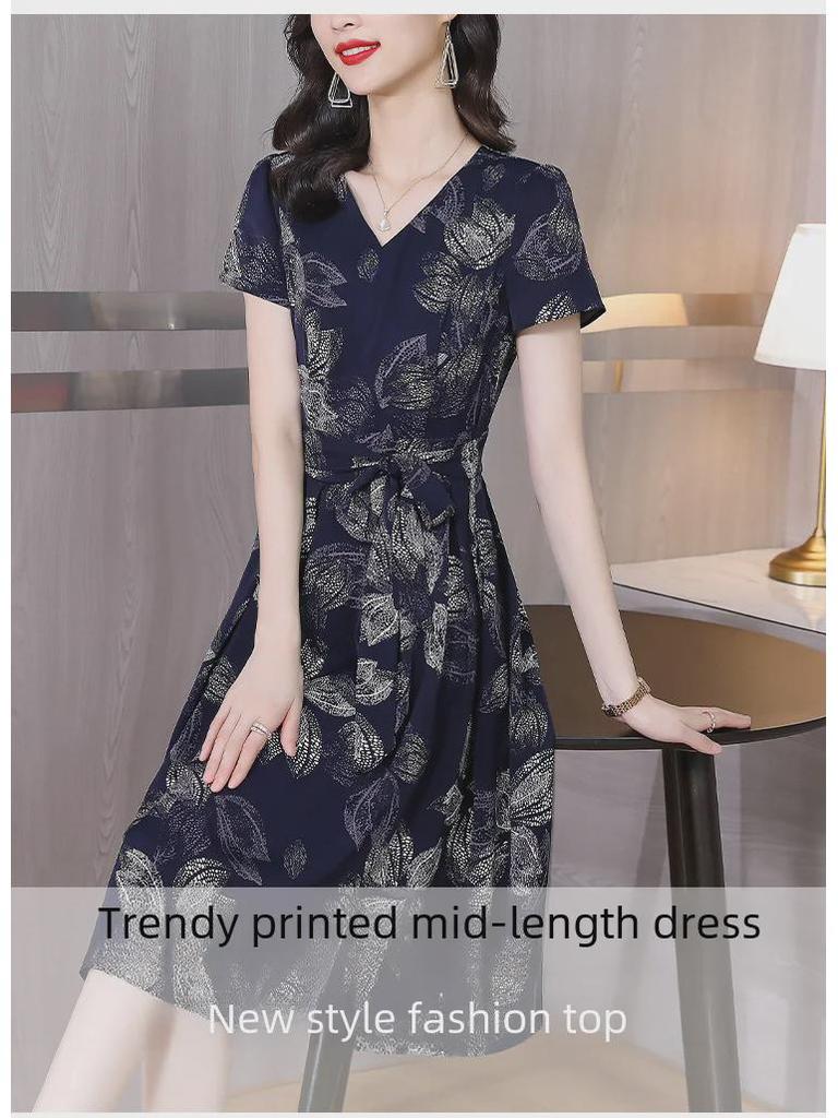 Платье миди из ледяного шелка с цветочным принтом в китайском стиле и V-образным вырезом - свободного кроя, большого размера для женщин