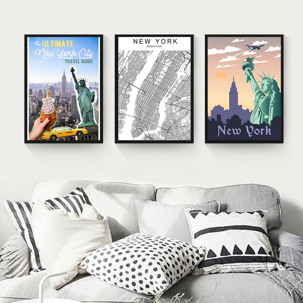 Плакат Нью-Йорка и Манхэттена и печатная карта Нью-Йорка, туристический пейзаж, картина маслом