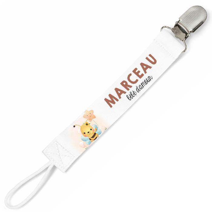 Planetee Attache tétine pour prénom MARCEAU bébé d'amour abeille garçon | Attache sucette cadeau naissance