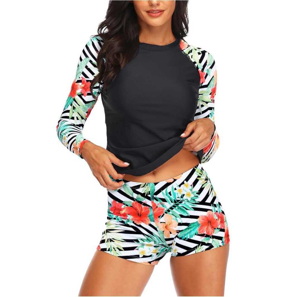 Женский купальник из двух частей с винтажным принтом, рубашка с длинным рукавом и шортами, топ для серфинга с ретро-принтом, рубашка для бега, раздельный купальник