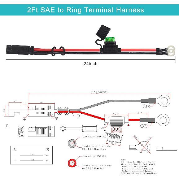 [5 Pack] 2FT SAE To O Ring Terminal Harness 10AWG - Eyelet O-Ring Terminal 10Gauge Harness With 30A Fuse,Battery Trickle Charger Cable For