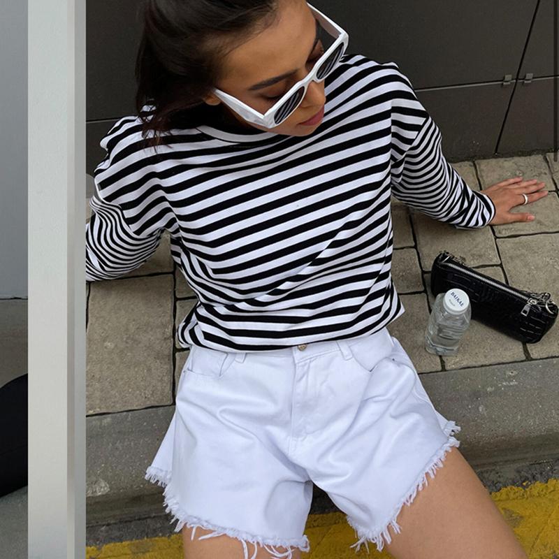 Женская полосатая футболка Hirsionsan с длинными рукавами, весна-лето 2023, большие футболки из 100% хлопка, женские повседневные шикарные футболки, топы для девочек