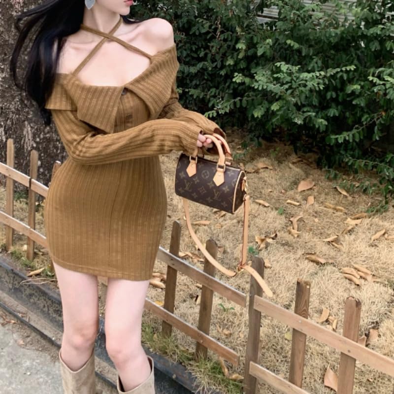 Coco Yuka Tight Ribbed Knit Sexy Mini Long Cute Size & Off-the-Shoulder Dress, Off-the-Shoulder, Sleeves, Women's, Casual, Fall/Winter,