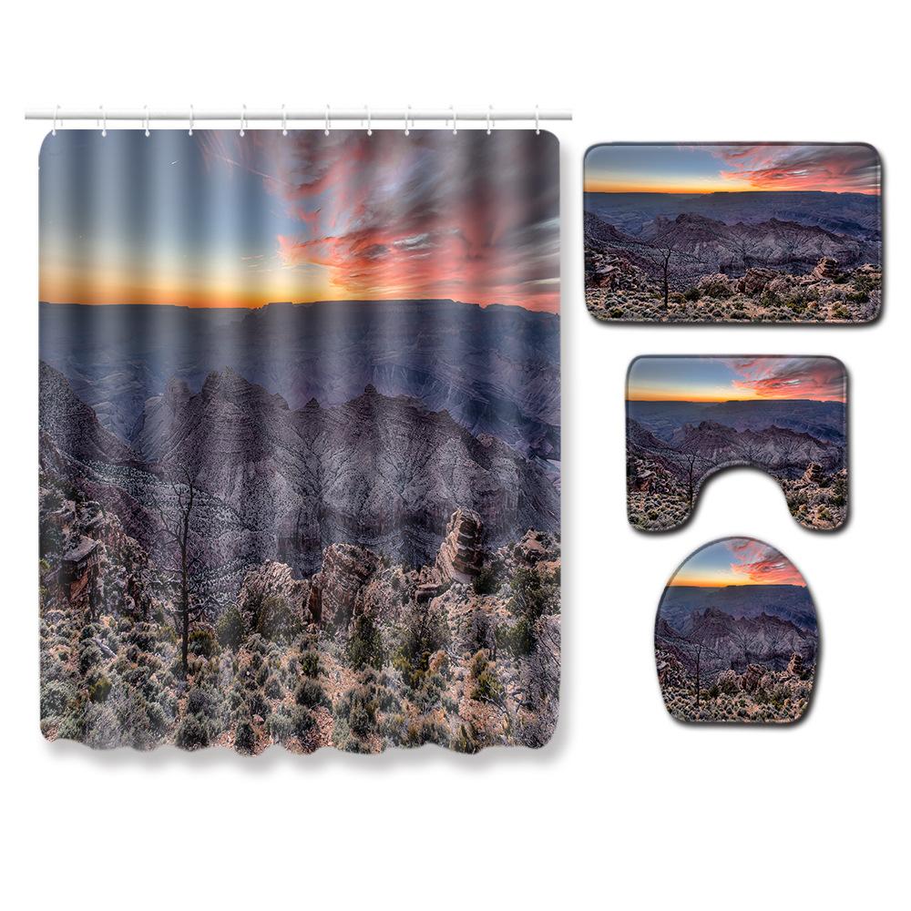 Landscape Shower Curtain Floor Mat Combination Four-Piece Set Bathroom Toilet Carpet Shower Room Mat Foot Mat