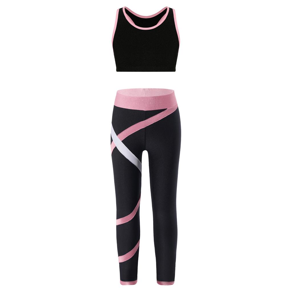 Детский укороченный топ без рукавов для девочек с леггинсами с цветными блоками, спортивная одежда для джазовых танцев, катания на коньках и тренировок