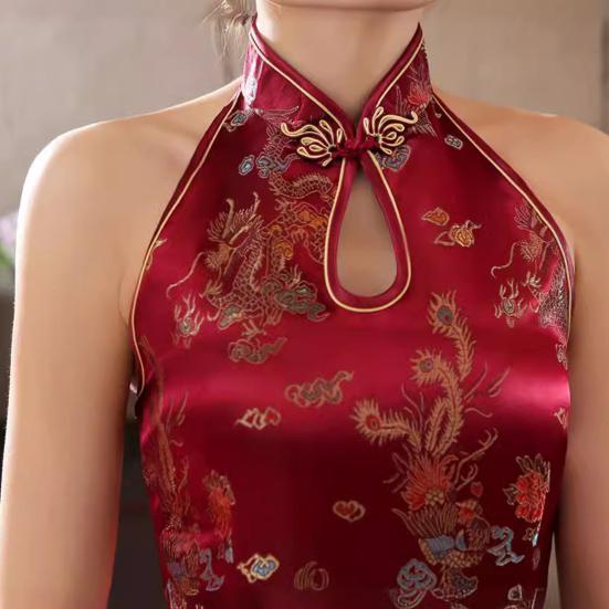 Women Summer Cheongsam Stand Collar Printing Off Shoulder Backless Split Hem Hollow Out Sleeveless Qipao Slim Fit Retro