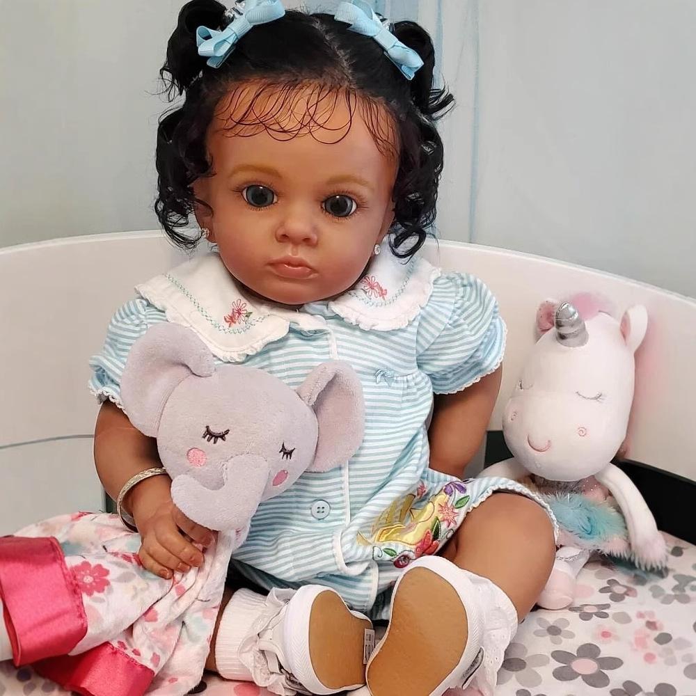 60cm Black Skin Reborn Doll Tutti Handmade 3D High Color Skin with Visible Vein Bloodshot Simulation Baby Doll Implanted Black Curly Hair Newborn Doll